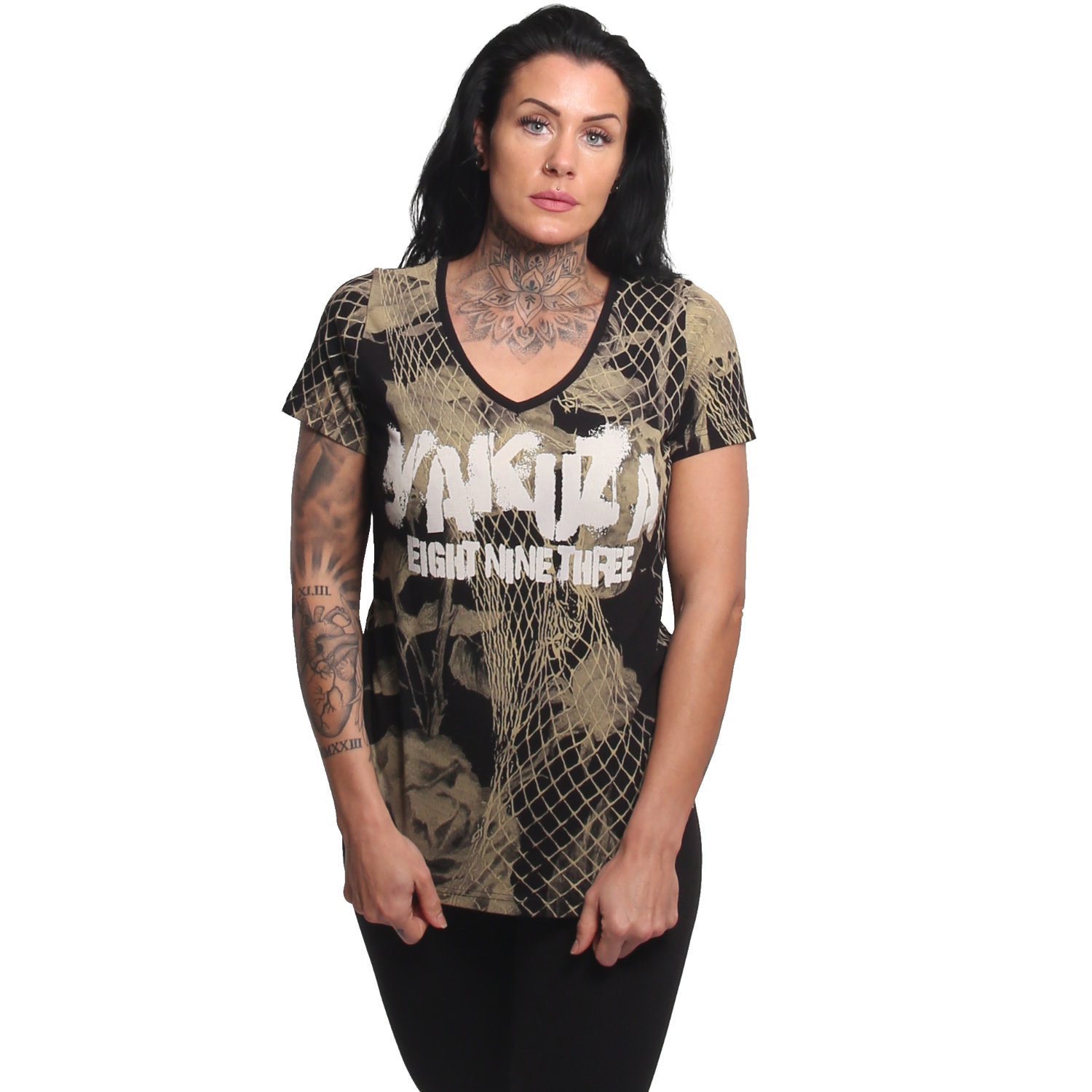 YAKUZA dámské tričko MESH ROSE CURVED V NECK T-SHIRT black