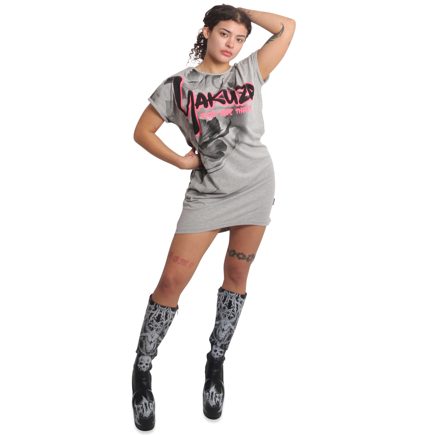 YAKUZA dámské šaty NIGHT FLOWER URBAN T-SHIRT DRESS šedé