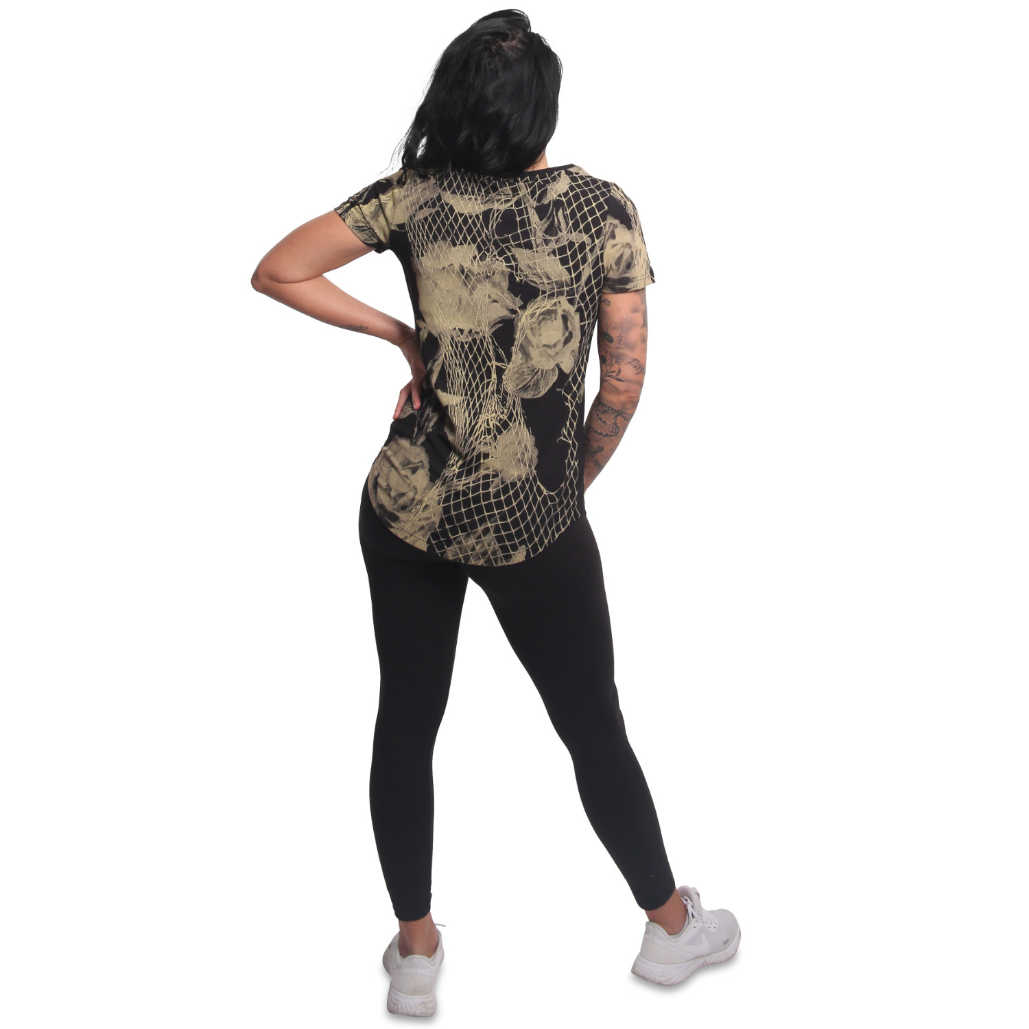 YAKUZA dámské tričko MESH ROSE CURVED V NECK T-SHIRT black
